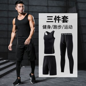 FDMM002-3 Traje de fitness para hombre, camiseta sin mangas + pantalones cortos sueltos + pantalones ajustados para correr